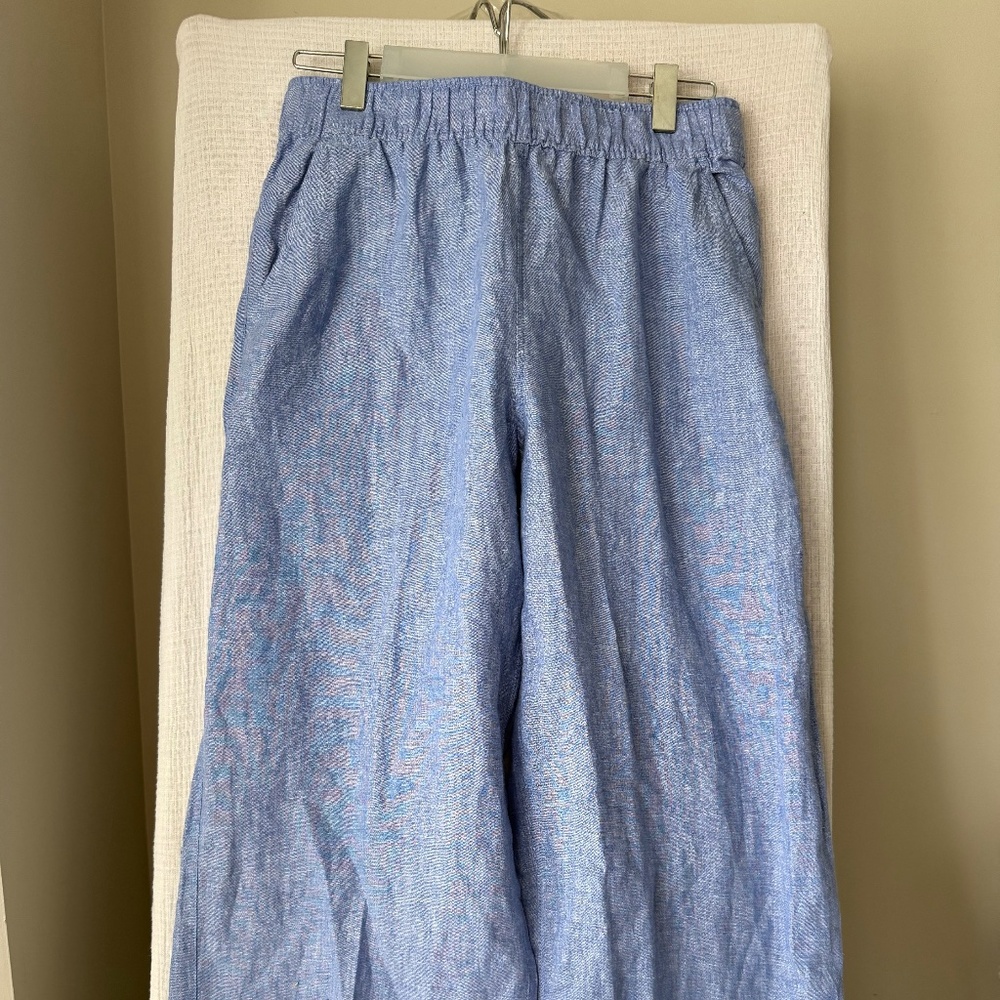 Tahari 100% Linen Wide Leg Elastic Waist Pants with Pockets Blue Boho Sz Lg